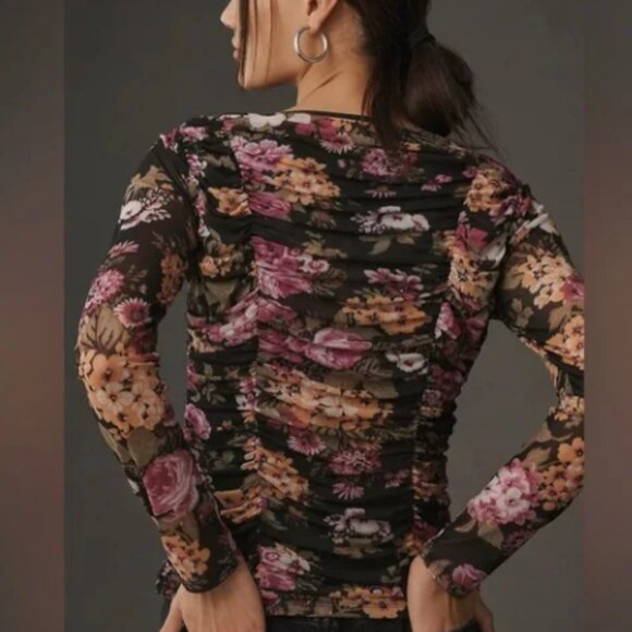 Maeve Long-Sleeve Sheer Ruched Black & Pink 🌸Floral Top in Large - Picture 2 of 7